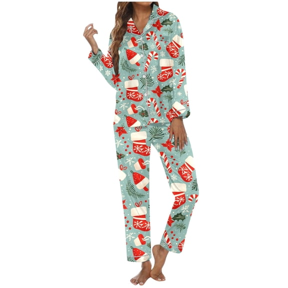 Womens Christmas Pajama Sets Cozy Printed Long Sleeve Lapel Tops Soft Pants Holiday Comfort Nightwear Outfit Womens Pjs Sets Mint Green XXL