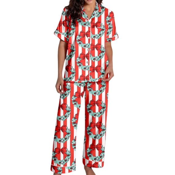 Womens Christmas Pajama Sets Cute Print Short Sleeve Sleepwear Button down Pjs Womens Winter Pajamas Matching Christmas Pjs