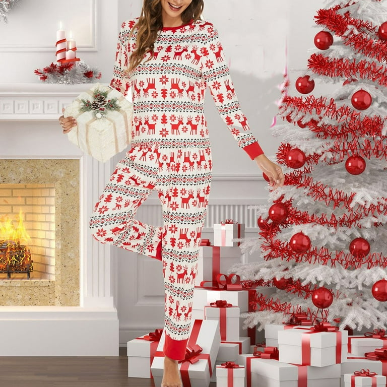 Womens Christmas Pajama Sets Long Sleeve Round Neck Cute Reindeer Print  Pullover with PJs Pants Casual Loose Fit Sleepwear Set