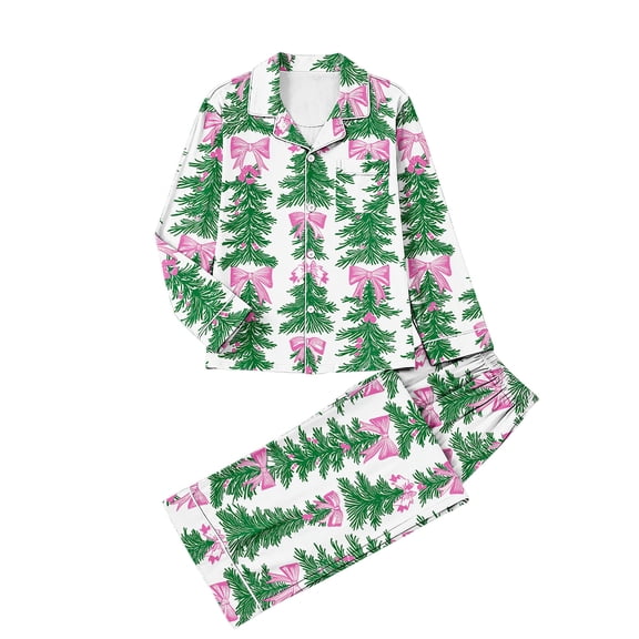 Womens Christmas Pajamas Bow Santa Print Long Sleeve Pajamas Sets Cute Christmas Pants 2 Piece Pj Set Pajama Party Loungewear Pj Set Soft Plaid Pants Sleepwear with Pockets