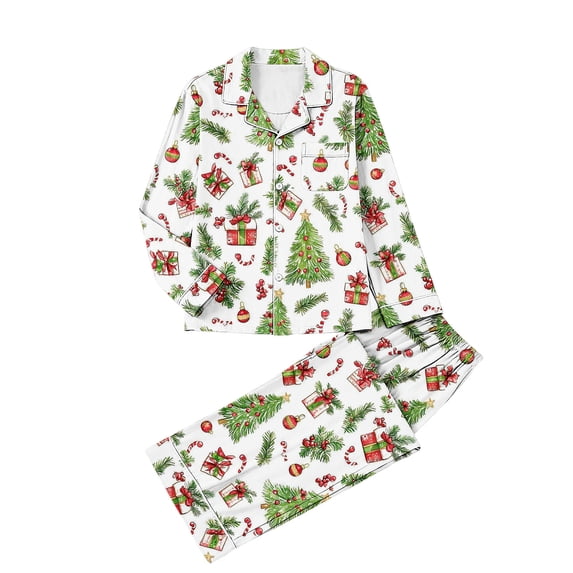Womens Christmas Pajamas Bow Santa Print Long Sleeve Pajamas Sets Cute Christmas Pants 2 Piece Pj Set Pajama Party Loungewear Pj Set Soft Plaid Pants Sleepwear with Pockets