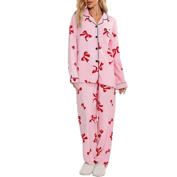 Womens Valentines Pajamas Bow Pajamas Long Sleeve Sleepwear Button down Pjs Womens Fall Pajamas Holiday Pajamas for Women