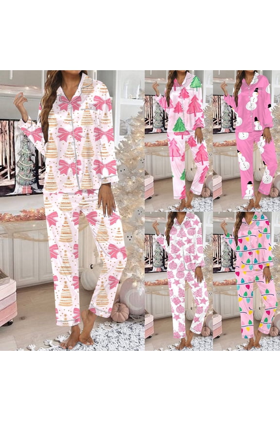 Womens Christmas Pajamas Long Sleeve Button Down Cozy Festive Nightwear Sleepwear Outfit Casual Fall Winter Soft Comfy Holiday Loungewear Sets Woman C L
