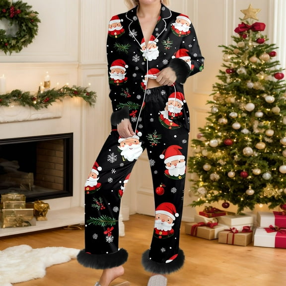 Womens Christmas Pajamas Set Fashion Funny Xmas Graphic Loose Casual Winter Collar Long Sleeve Button Up Sleepwear Pant Soft 2 Piece Outfits Loungewear Sets