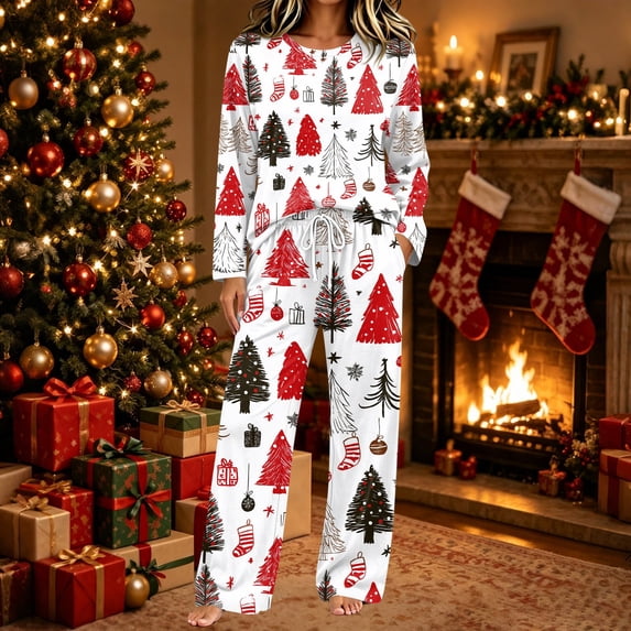 Womens Christmas Pajamas Set Long Sleeve Crewneck Top and Drawstring Pants Casual Sleepwear 2-Piece Holiday Lounge Homewear Outfits