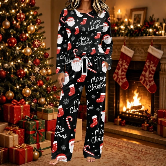 Womens Christmas Pajamas Set Long Sleeve Crewneck Top and Drawstring Pants Casual Sleepwear 2-Piece Holiday Lounge Homewear Outfits