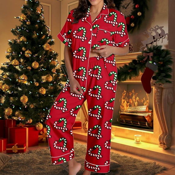 Womens Christmas Pajamas Set Satin Loungewear Short Sleeve Button Down Shirts Casual Pants Two Piece Outfits Cozy Sleepwear Nightwear Red L