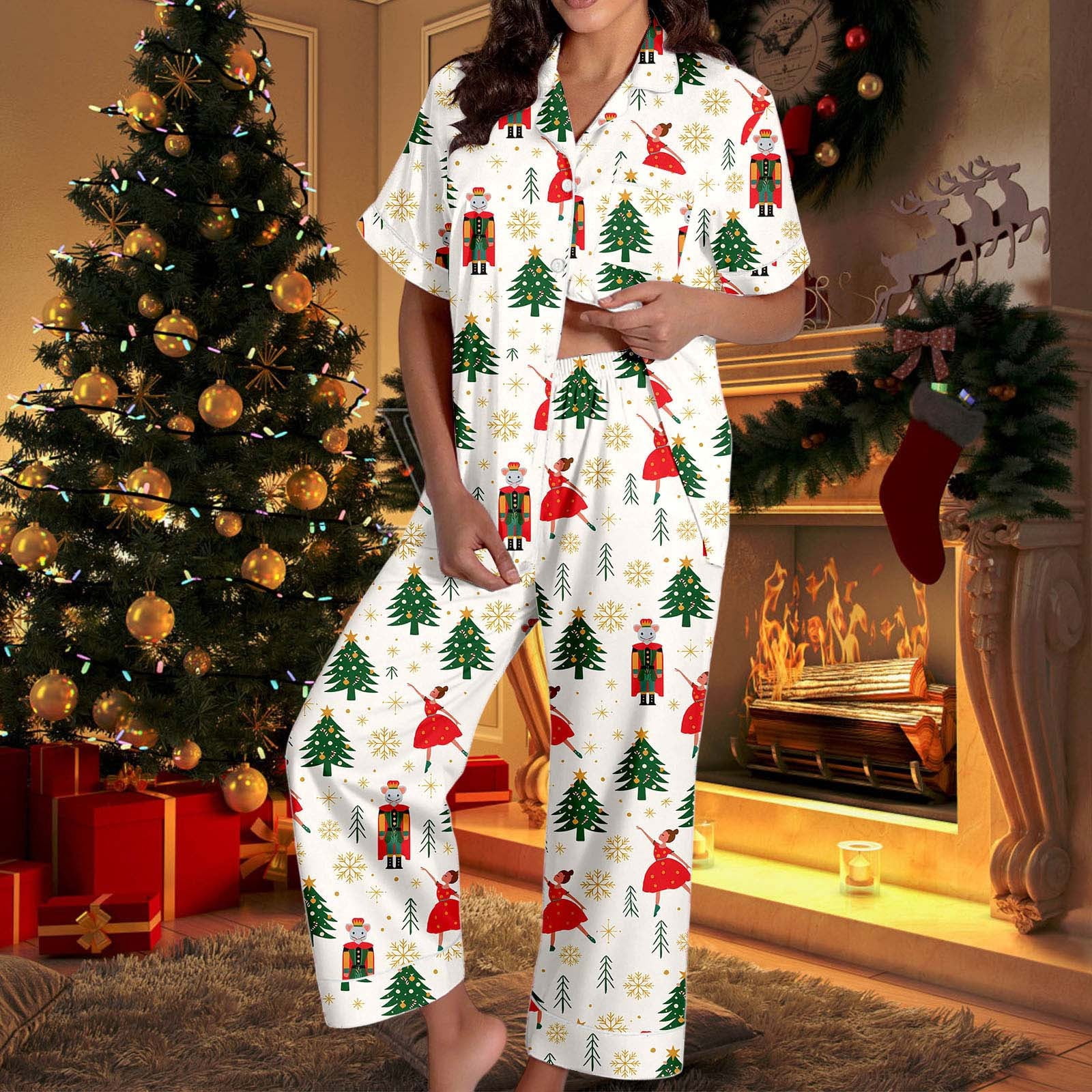 Womens Christmas Pajamas Set Two Piece Outfits Satin Short Sleeve — free download