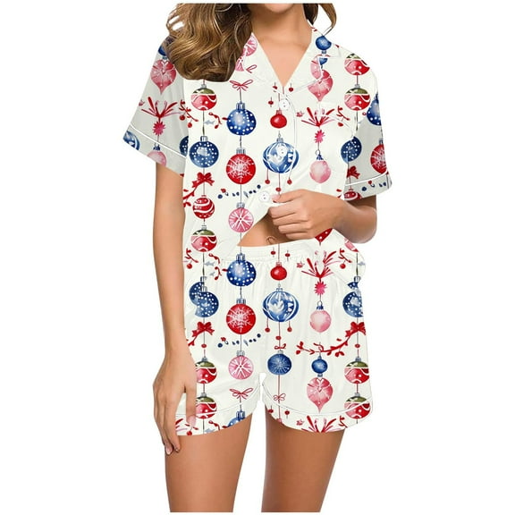 Womens Christmas Pajamas Sets Ice Silk Loungewear Lapel Short Sleeve Sleepwear Button Down Sleep Shirt Xmas Graphic Pjs Drawstring Elastic Waist Short Pants Two Pieces Sets