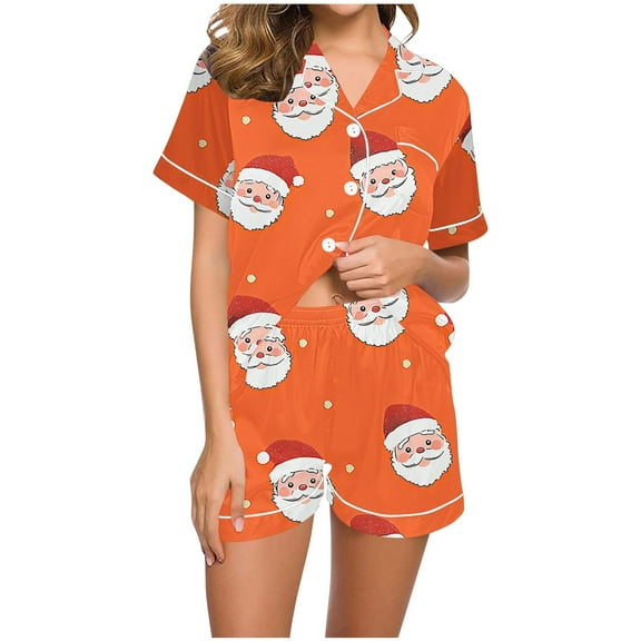 Womens Christmas Pajamas Sets Ice Silk Loungewear Lapel Short Sleeve Sleepwear Button Down Sleep Shirt Xmas Graphic Pjs Drawstring Elastic Waist Short Pants Two Pieces Sets