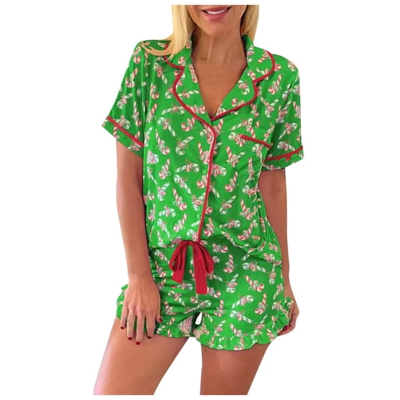 Womens Christmas Pajamas Short Sleeve Button Down Collared Cozy Nightwear Sleepwear Outfit Shorts Cane Print Casual Fall Winter Soft Comfy Loungewear Sets Woman Green XL