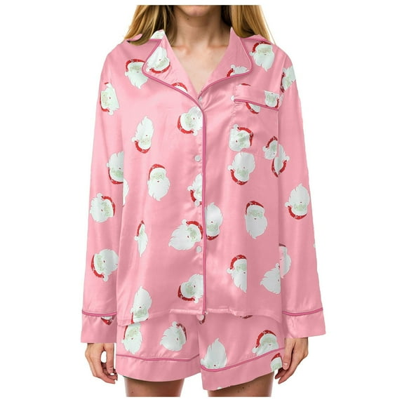 Womens Christmas Pajamas with Bows,Women Christmas Silk Pajamas Xmas 2 Piece Bow Tie Loungewear Long Sleeve Button Down Bow Pjs Shorts Set
