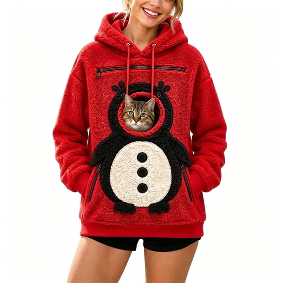 Womens Christmas Pet Pouch Hoodie Fleece Cat Dog Carrier Sweatshirt Xmas Kitten Puppy Pouch Carrier Winter Warm Fuzzy Sherpa Drawstring Top Novelty Funny Cute Print Pullovers with Pockets Red 3 S