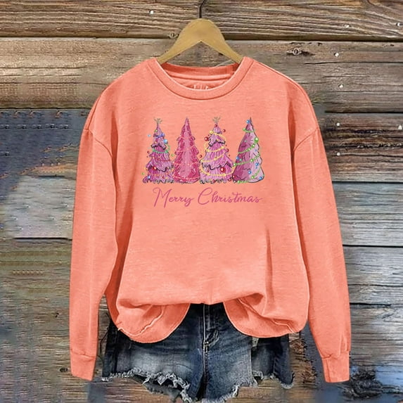 Womens Christmas Pink Tops,Womens Pink Christmas Sweatshirt Novelty Funny Santa Xmas Tree Graphic Pullover Tops Loose Casual Crewneck Shirts 2024