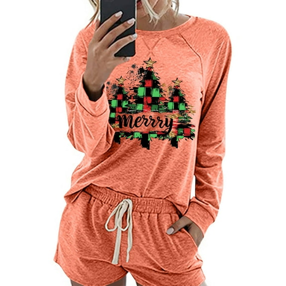 Womens Christmas Pjs Sets Crew Neck Sweatshirt Long Sleeve Blouses Tops Drawstring Relaxed Fit Shorts Causal Dressy Sleepwear Pjs Sets