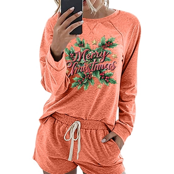 Womens Christmas Pjs Sets Crew Neck Sweatshirt Long Sleeve Blouses Tops Drawstring Relaxed Fit Shorts Causal Dressy Sleepwear Pjs Sets
