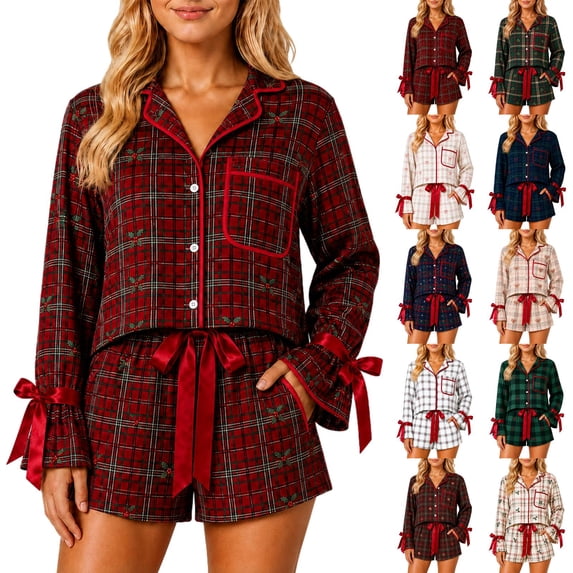 Womens Christmas Plaid Pajama Set 2 Piece Silky Feel Long Sleeve Button Down Notch Collar Shirt and Tie Waist Shorts Chest Pocket Holiday Sleepwear Set