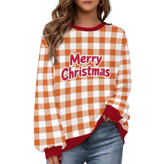 Womens Christmas Plaid Sweatshirts Long Sleeve Ugly Xmas Pullover Sweatshirt Crewneck Letter Graphic Tops, XL Orange