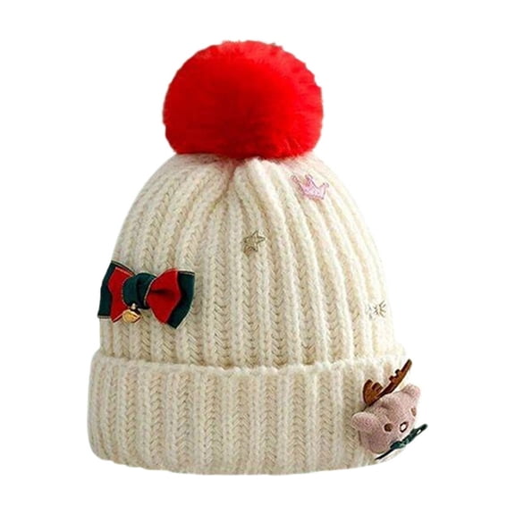 Womens Christmas Pompom Beanie Knit Winter Hat Red Pom Reindeer Bow AppliquéS Cute Holiday Cap