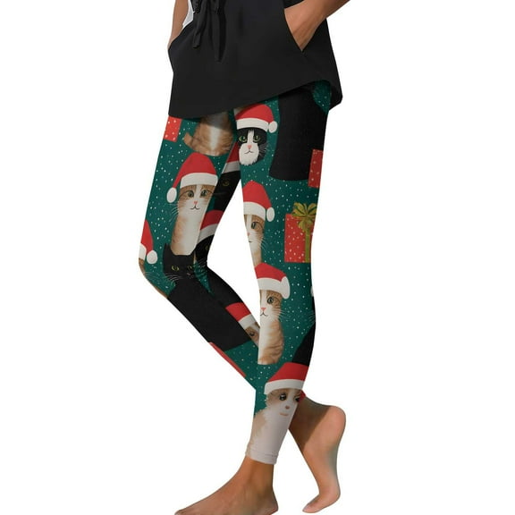 Womens Christmas Print Leggings Tummy Control Hip Lift Sweatpants Athletic-Fit Put On Stretch Sweatpant Comfort Casual Sweat Pants Yoga Leggings Gym Traning Track Joggers Pants