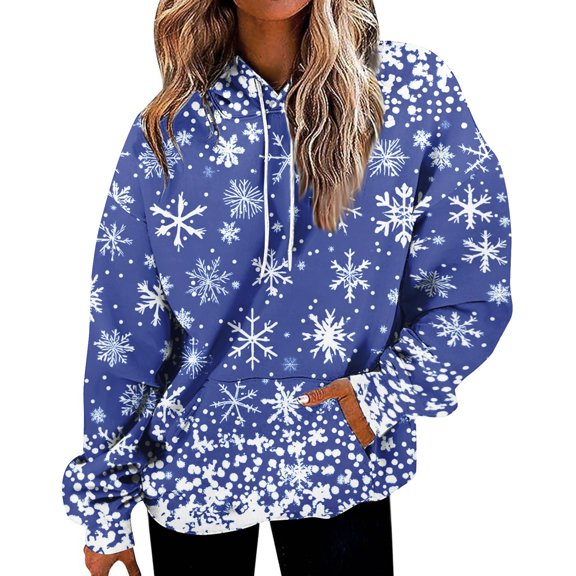 Womens Christmas Print Oversized Sweatshirt Drawstring Pullover With Pocket Trendy Sweater Tops Fashion Clothes, Comfortable and Stylish Daily Wear,Blue,S