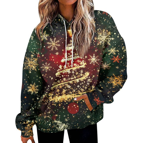 Womens Christmas Print Oversized Sweatshirt Drawstring Pullover With Pocket Trendy Sweater Tops Fashion Clothes, Comfortable and Stylish Daily Wear,Dark Green,M