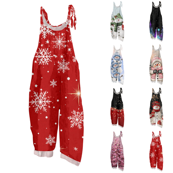 Womens Christmas Print Sleeveless Overalls, Casual Loose Wide Leg Jumpsuit with Adjustable Shoulder Straps