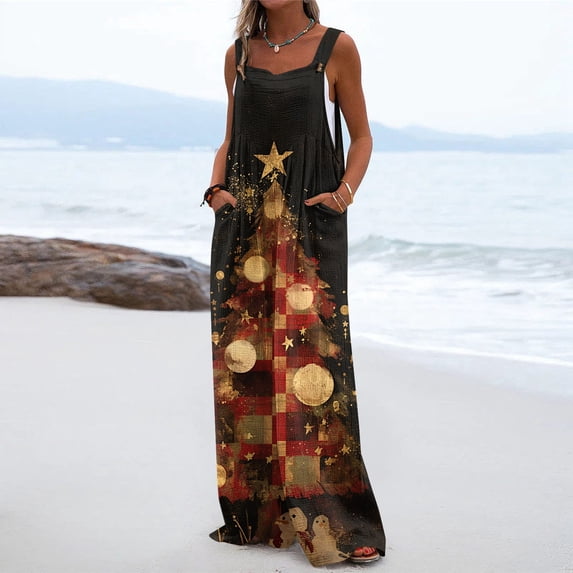 Womens Christmas Print Wide Leg Jumpsuit Adjustable Strap Sleeveless Overalls with Pockets M