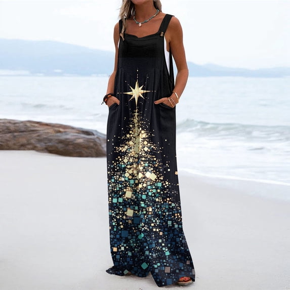 Womens Christmas Print Wide Leg Jumpsuit Adjustable Strap Sleeveless Overalls with Pockets S