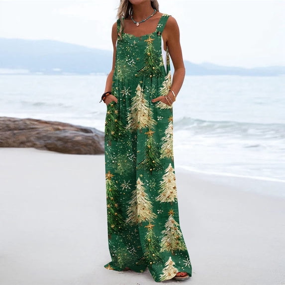 Womens Christmas Print Wide Leg Jumpsuit Adjustable Strap Sleeveless Overalls with Pockets S