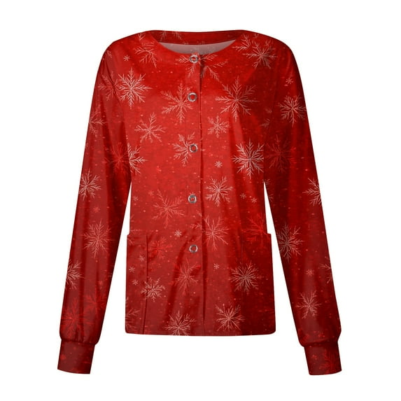 Womens Christmas Printed Long Sleeve Scrub Jackets Funny Xmas Printed Working Jacket Open Front Medical Scrubs Nurse Shirt Working Uniform