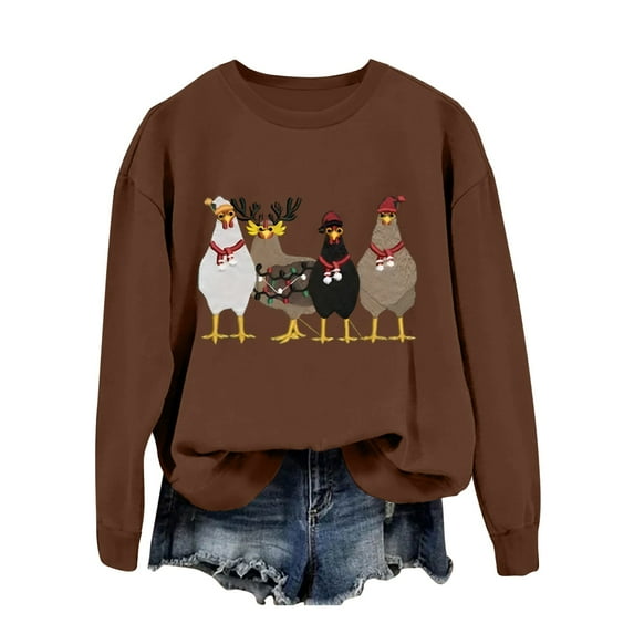 Womens Christmas Pullover Tops Funny Christmas Chick Farm Animal Print Womens Workout Clothing,Brown,L