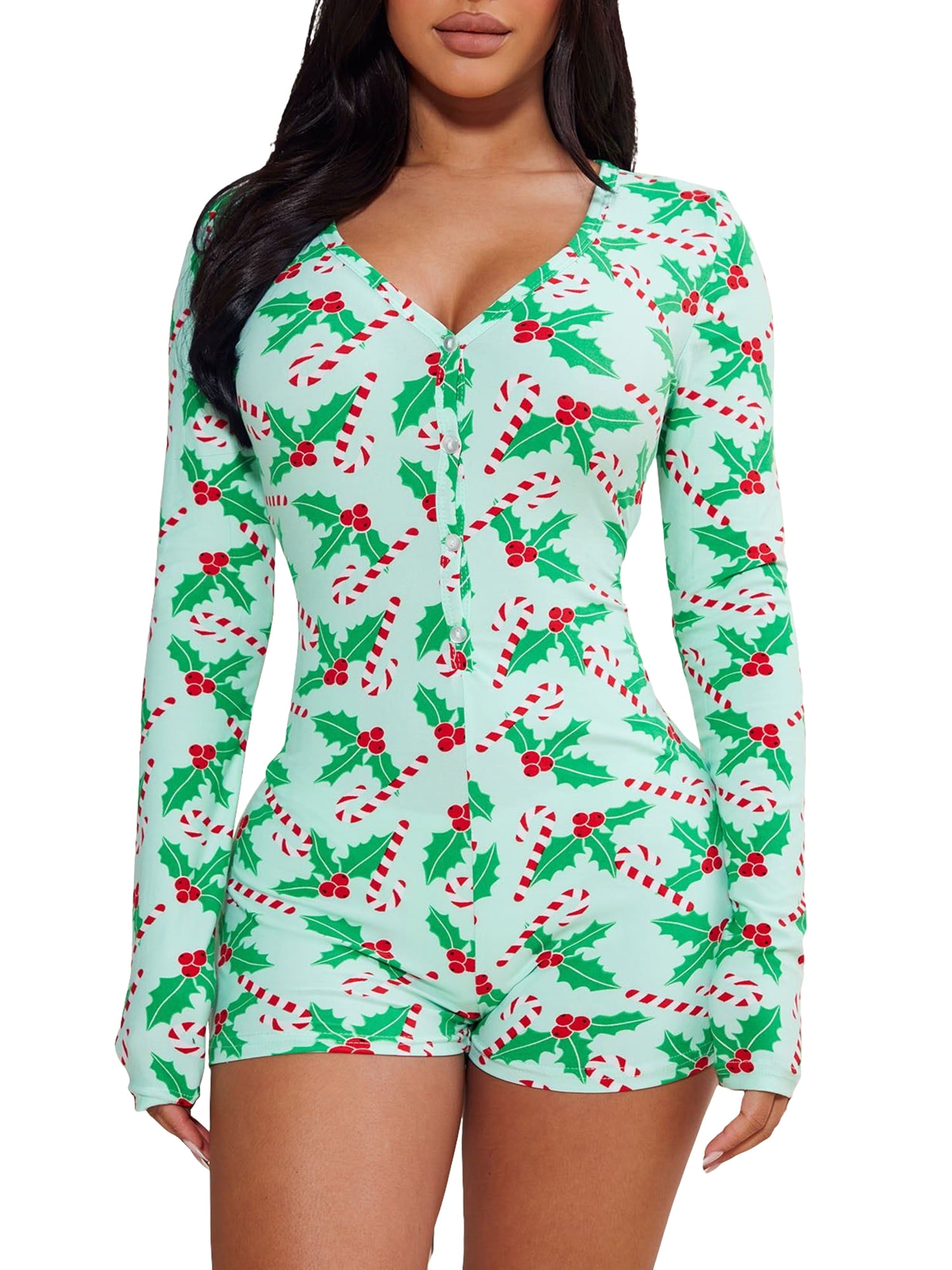 Womens Christmas Romper Pajamas One Piece Printed Bodycon Jumpsuit