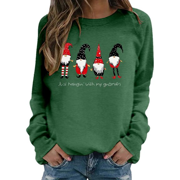 Womens Christmas Round Neck Long Sleeve Fuzzy Sweatshirts Xmas Holiday Graphic Printed Long Sleeve Pullovers Loose Fit Soft Comfortable Hoodless Tops for Daily Wear Dark Green S