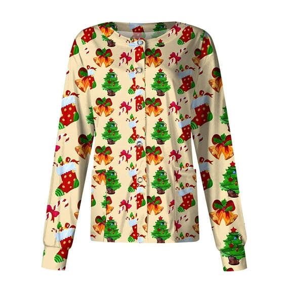 Womens Christmas Scrub Jackets Long Sleeve Button Down Tree Snowflake Crew Neck with Pockets Nursing Uniform Scrubs Yellow 4XL