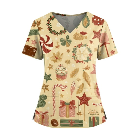 Womens Christmas Scrub Tops Cute Xmas Print Short Sleeve Nurse Working Uniforms Christmas Plus Size Scrub T Shirts