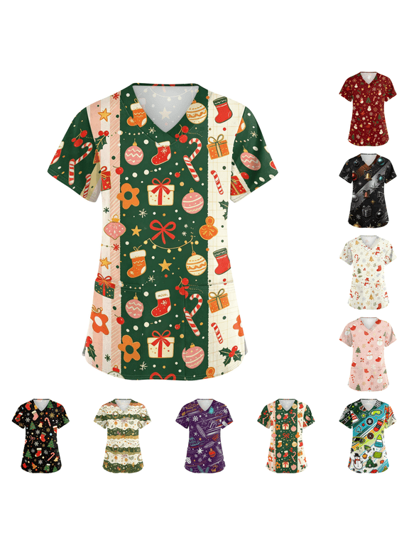 Womens Christmas Scrubs Short Sleeve V Neck Festive Print Scrub Shirt Trendy Xmas Micro‑Elastic Stretch Side‑Pocket Medical Work Top