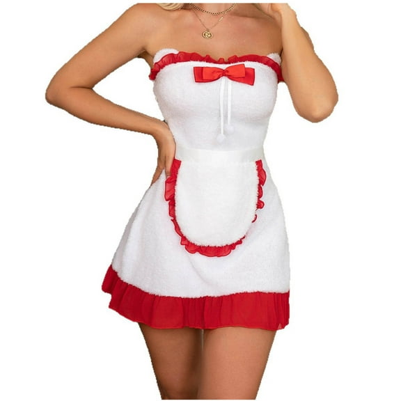 Womens Christmas Sexy Nightgown Santa Babydoll Fuzzy Off Shoulder Dresses Chemise Negligees Sleepwear Xmas Holiday Outfits White, S