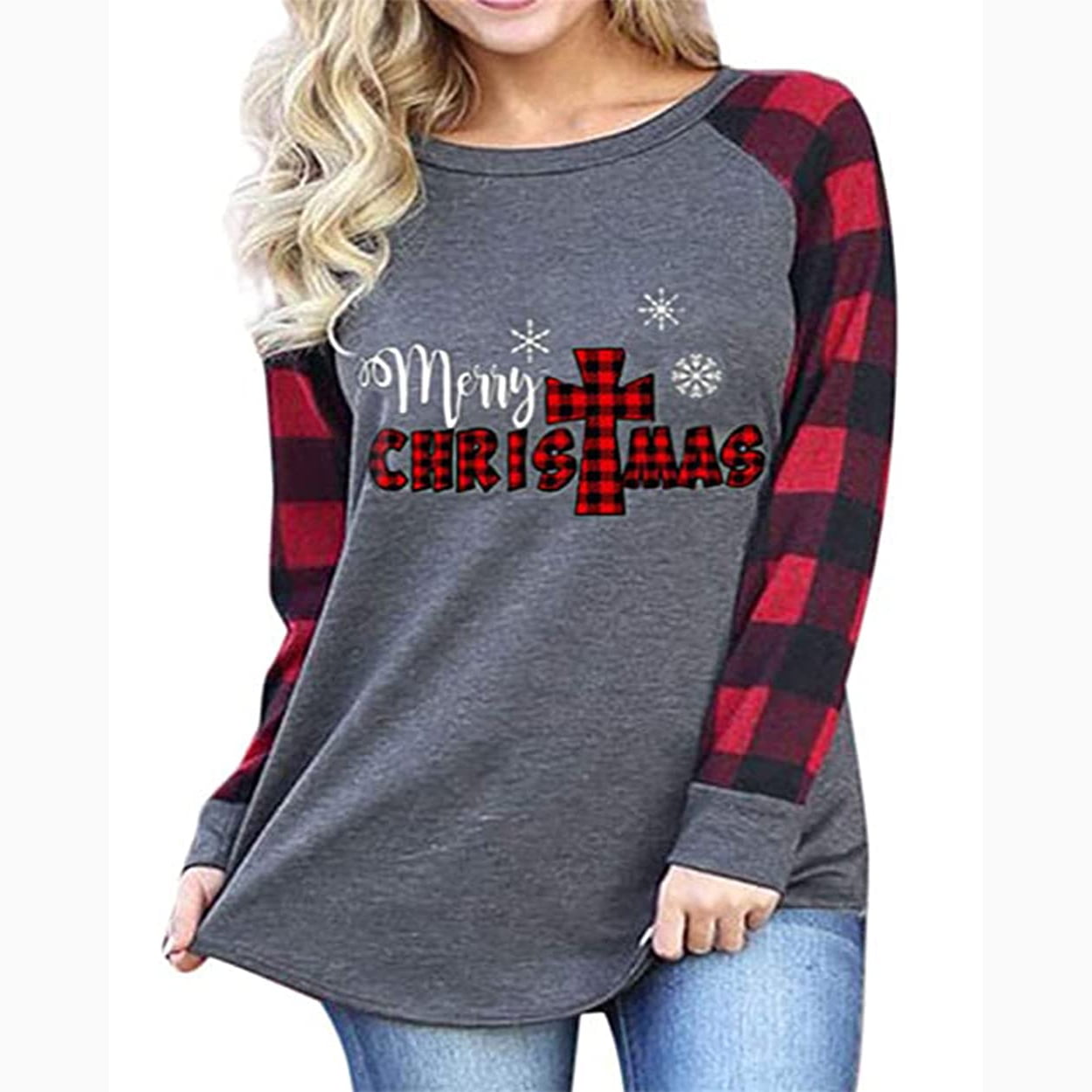 Womens Christmas Shirt Long Sleeve Plaid Sweatshirt Tops Loose — free download