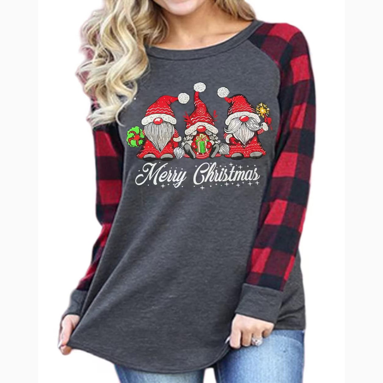 Womens Christmas Shirt Long Sleeve Plaid Sweatshirt Tops Loose Gnomes ...