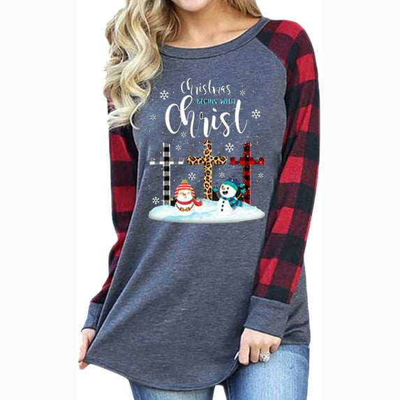 Womens Christmas Shirt Long Sleeve Plaid Sweatshirt Tops Loose Snowman Graphic Tee Xmas Shirts S