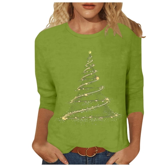 Womens Christmas Shirt Sparkly Tree Print Quarter Sleeve Top Crew Neck Pullover Tunic Top Green XL