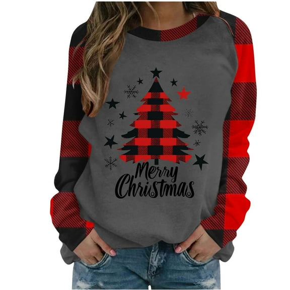 Womens Christmas Shirts 2024 Long Sleeve Merry Christmas Printed T-Shirt Fashion Casual Blouses Round Neck Pullover Tops