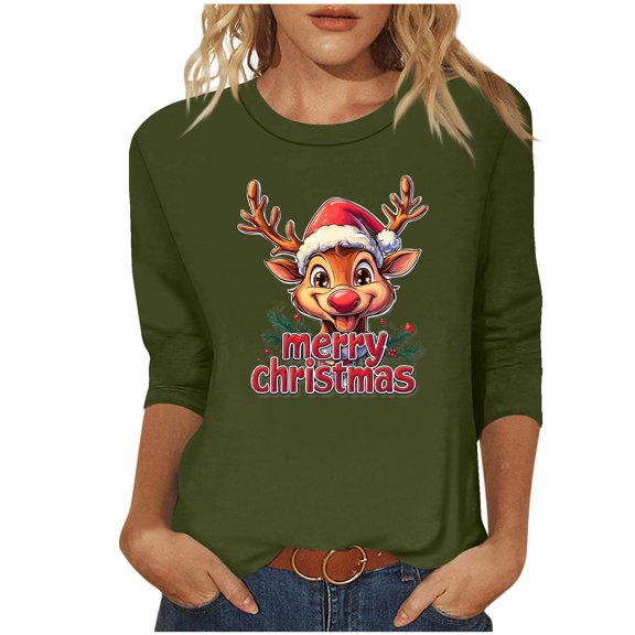 Womens Christmas Shirts 3/4 Length Sleeve TShirts Casual Christmas Graphic Printed Blouses Crewneck Tunic Tops Loose Pullover Top