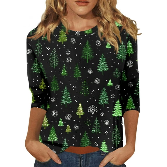 Womens Christmas Shirts 3/4 Sleeve Christmas T Shirts Party Tops Funny Graphic Printed Dressy Casual Holiday Blouse Tees