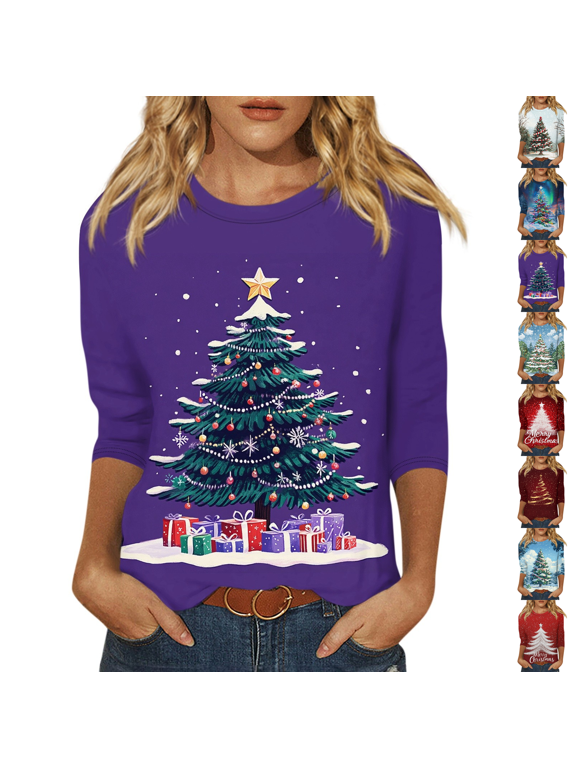 Womens Christmas Shirts 3/4 Sleeve Crew Neck Xmas Holiday Pullover Festive Top Xmas Tree Santa Claus Star Snowflakes Graphic, Three Quarter Sleeve T Shirts,Winter Holiday Party