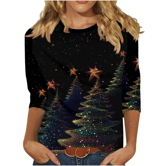 Womens Christmas Shirts 3/4 Sleeve Tops Shiny Xmas Tree Printed Crew Neck Graphic Plus Size Tee Tshirts Loose Fit (2XL, Black 04)