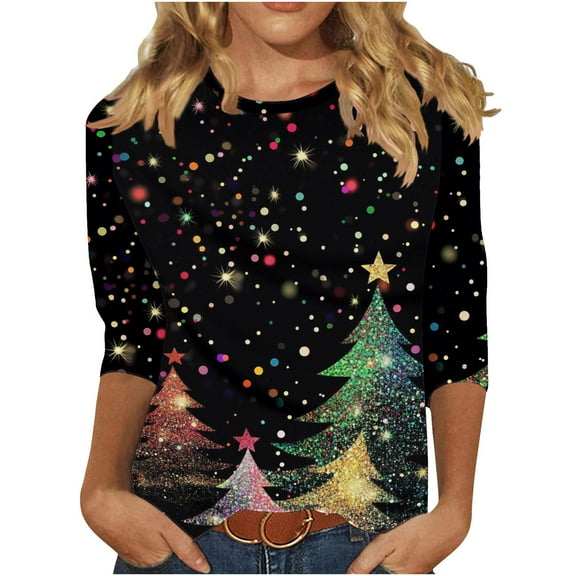 Womens Christmas Shirts 3/4 Sleeve Tops Shiny Xmas Tree Printed Crew Neck Graphic Plus Size Tee Tshirts Loose Fit (5XL, Black)