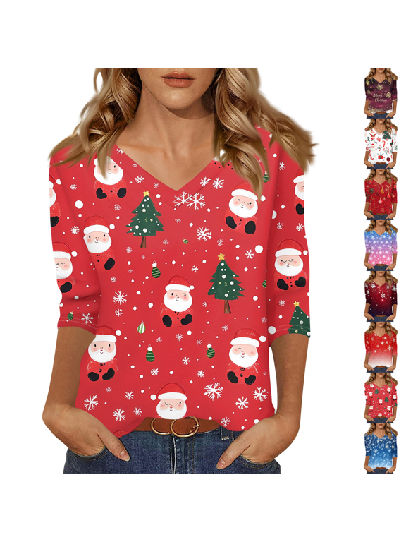 Womens Christmas Shirts 3/4 Sleeve V Neck Xmas Holiday Pullover Festive Top Xmas Tree Santa Claus Star Snowflakes Graphic Three Quarter Sleeve T Shirts Winter Holiday Party