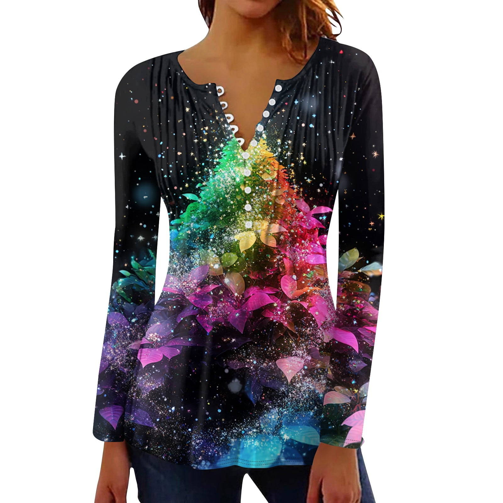 Womens Christmas Shirts Henley Button Up Tshirts Long Sleeve Pleated